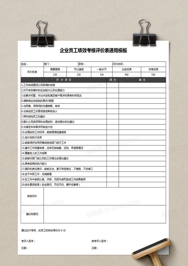 企业员工绩效考核评价表通用模板Excel表格
